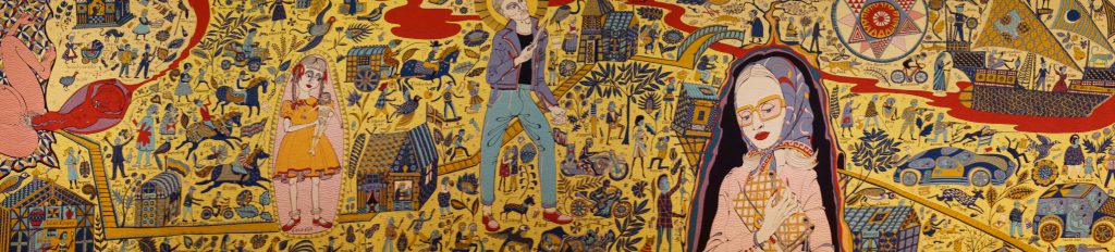 The huge tapestries of Grayson Perry, a critical view on contemporary society.